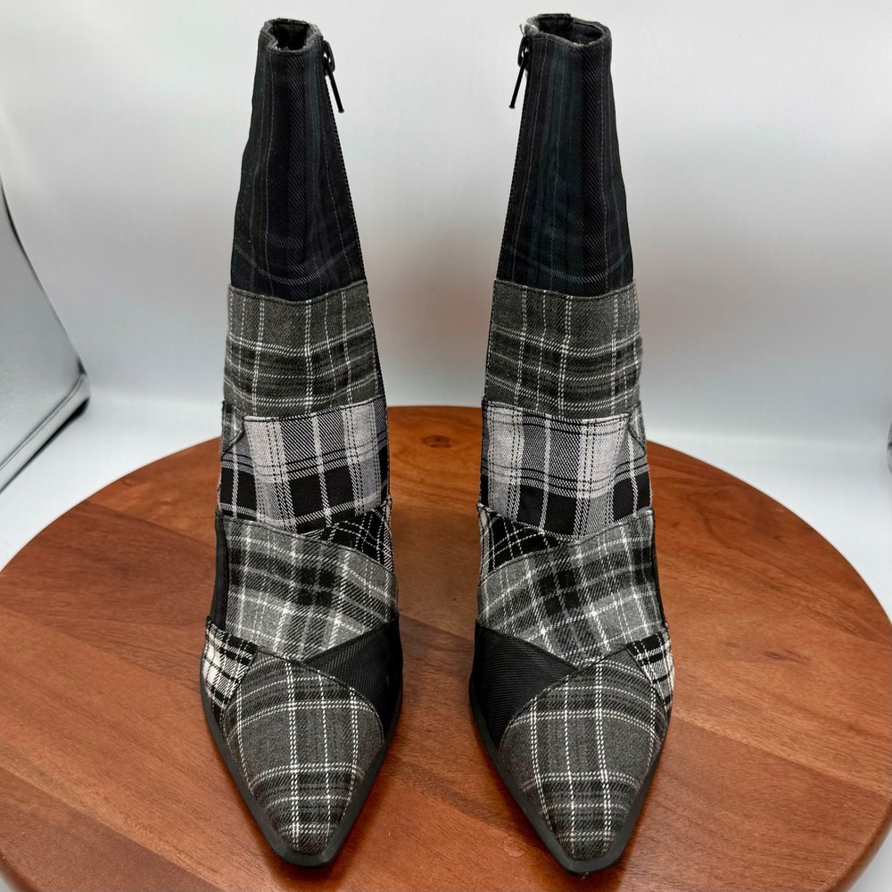 Jeffrey‎ Campbell Siren Plaid Patchwork Ankle Boots Pointed Toe Black Gray W 9